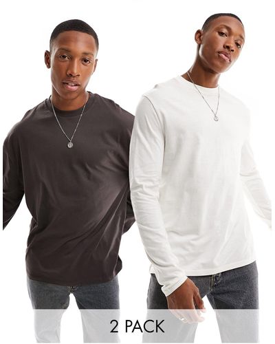 ASOS Confezione da 2 t-shirt girocollo a maniche lunghe écru e marrone - Multicolore