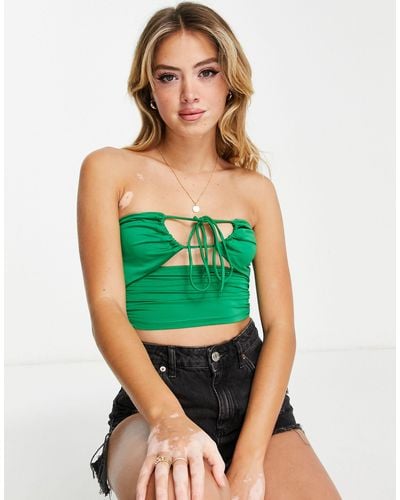 Pull&Bear Cut Out Ruched Front Cropped Top - Green
