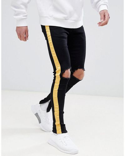 Sixth June Super Skinny Jeans In Black With Yellow Side Stripe