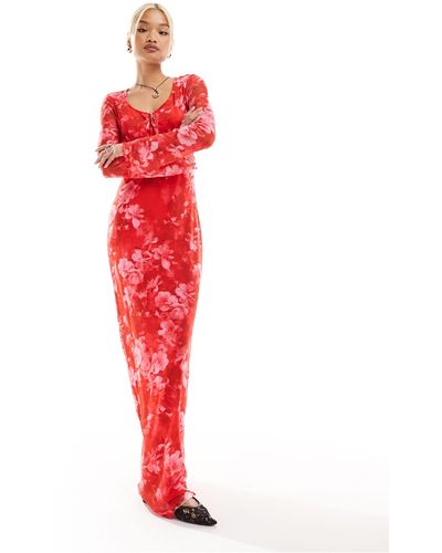 Something New X chloe frater - robe longue en tulle nouée devant - fleur délavé - Rouge