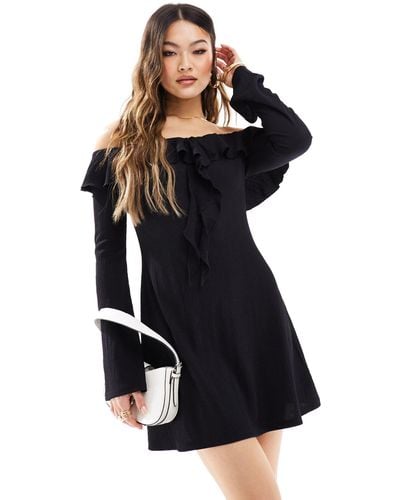 ASOS Ruffle Textured Off The Shoulder Mini Dress - Black