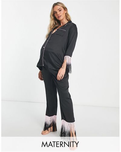 Loungeable Maternity Fringed Long Button-through Pajama Set - Pink