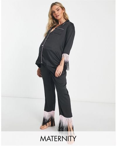 Loungeable Grossesse - pyjama boutonné à franges avec pantalon - noir et - Rose