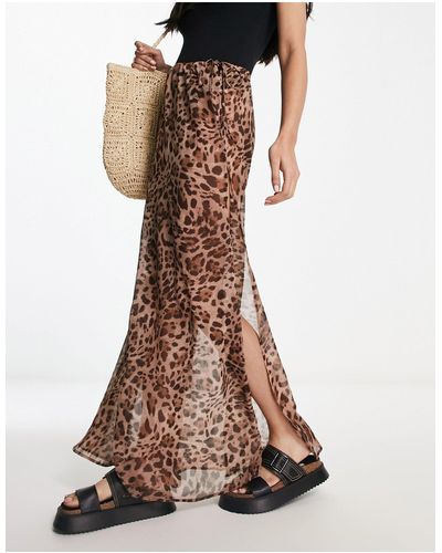 Miss Selfridge Beach Chiffon Leopard Tie Side Maxi Skirt - Brown