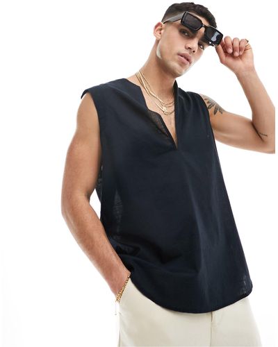 ASOS 90s Oversized Sleeveless Linen Look Shirt - Blue