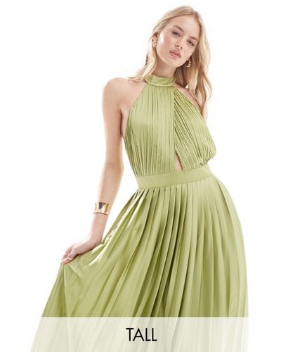TFNC London Bridesmaid Satin Pleated Halterneck Maxi Dress With Full Skirt - Green
