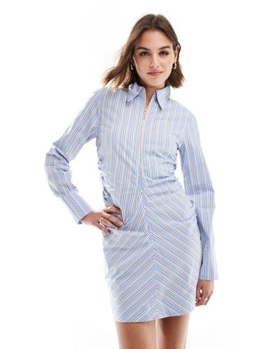 Mango Cinched Waist Stripe Mini Dress - Blue