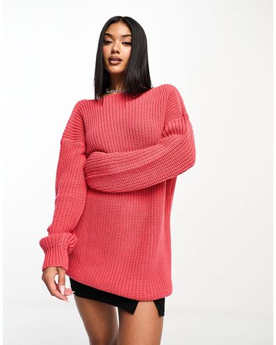 Glamorous Scoop Back Rib Knit Sweater - Red