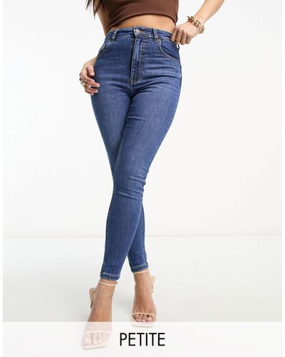 Bershka Petite - jean skinny longueur cheville à taille haute - moyen - Bleu