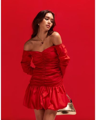 ASOS Off The Shoulder Mini Ruched Bodice Dress With Puffball Skirt - Red