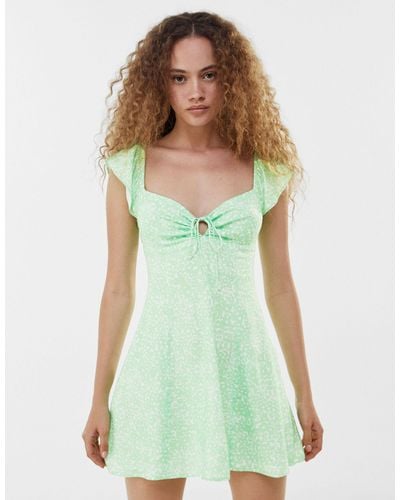 Bershka Lace Up Printed Mini Dress - Green