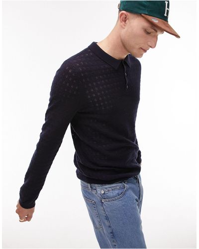 TOPMAN Textured Knitted Long Sleeve Polo - Blue