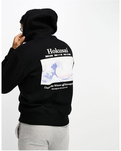 Pull&Bear – hokusai – bedruckter kapuzenpullover - Schwarz