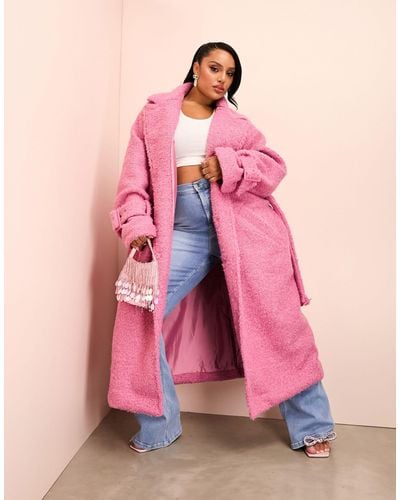 ASOS Curve Borg Long Line Trench Coat With Belted Waist - Pink