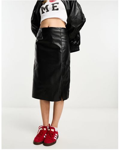 Noisy May Faux Leather Midi Skirt - Black