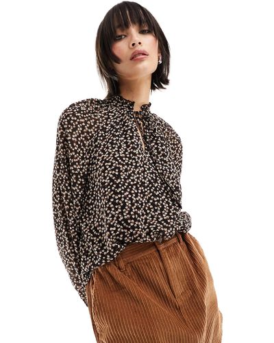 Object Long Sleeve Ruffle Neck Shirt With Keyhole Detail - Brown