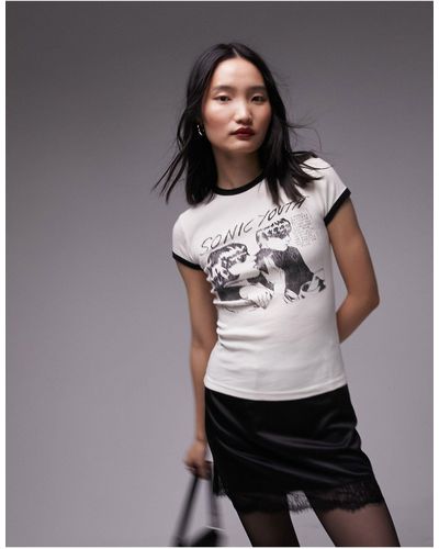 TOPSHOP T-shirt long avec imprimé sonic youth sous licence - écru - Gris