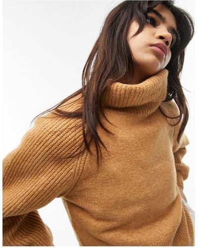 TOPSHOP Knitted Roll Neck Jumper - Brown