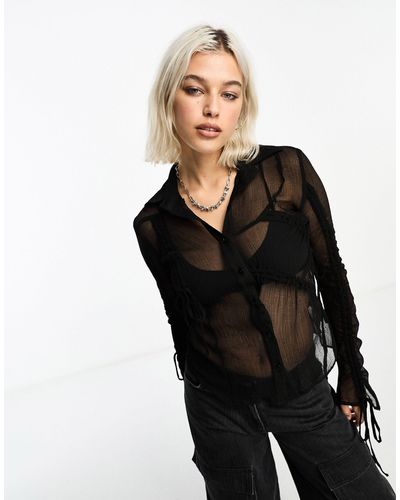 Collusion Textured Chiffon Shirt With Ruched And Tie Detail - Black