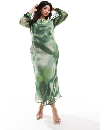 ASOS Asos Design Curve Chiffon Long Sleeve Midi Dress - Green