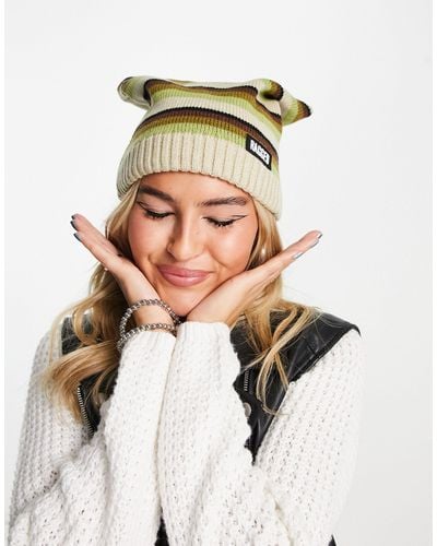 The Ragged Priest Fluffy Striped Square Beanie Hat - Natural