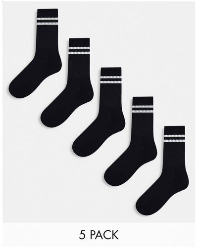 ASOS Confezione da 5 paia di calzini sportivi neri a righe bianche - Bianco