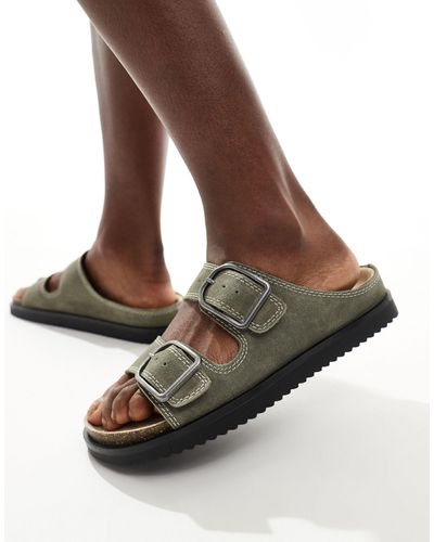Pull&Bear Double Strap Sandals With Buckle Detail Contrast Stitch - Brown