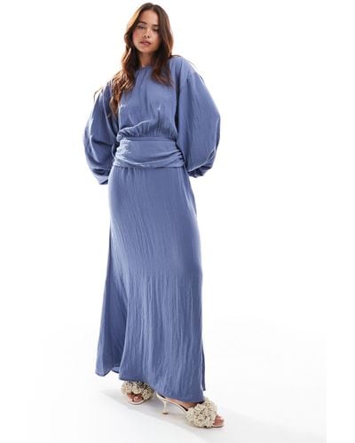ASOS High Neck Batwing Ruched Waist Satin Maxi Dress - Blue