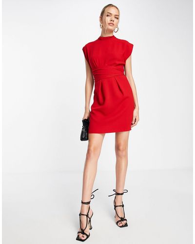 Closet Belted Tie Waist Mini Dress - Red