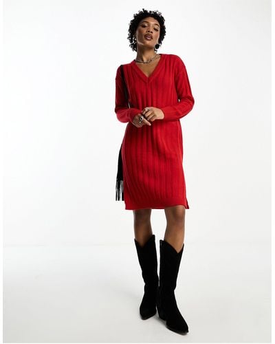 Brave Soul Martha V Neck Ribbed Midi Jumper Dress - Red