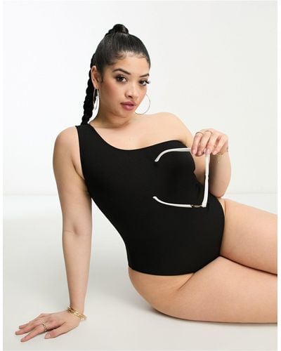 ASOS Asos Design Curve Crinkle One Shoulder Swimsuit - Black
