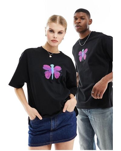 Weekday Unisex Oversized T-shirt With Butterfly Cartoon Print - Black