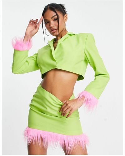 AsYou Tailored Cropped Blazer Co-ord With Pink Faux Feather Trim - Green