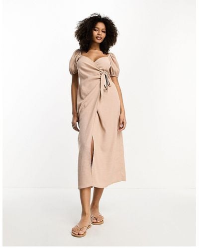 ASOS Textured Puff Sleeve Wrap Dress With Side Tie - Natural