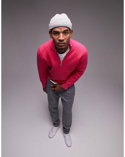 TOPMAN Knitted 1/4 Zip With Texture - Pink