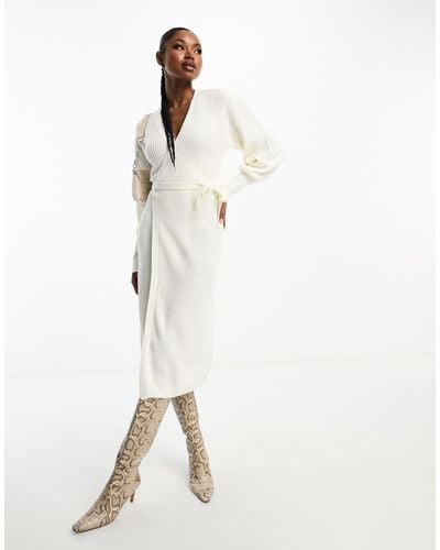 In The Style Exclusive Knitted Wrap Midi Jumper Dress - White