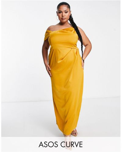 ASOS Asos Design Curve One Shoulder Satin Maxi Dress With Pleat Detail - Yellow