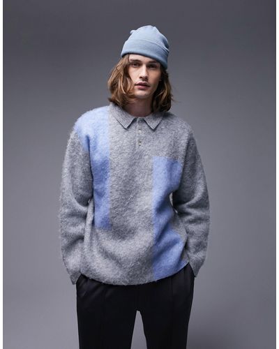 TOPMAN Fluffy Color Block Knitted Polo - Blue