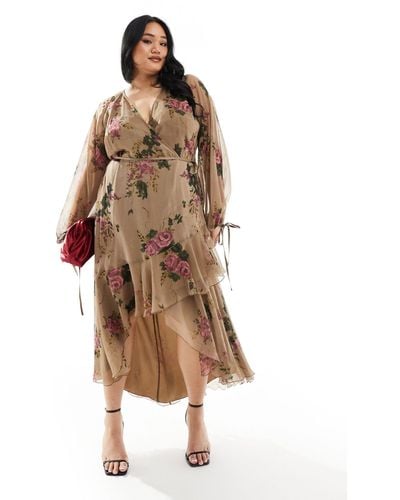 ASOS Asos Design Curve Exclusive Long Sleeve Chiffon Wrap Midi Dress - Brown