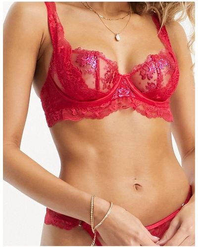 Ann Summers Bombshell longline lace padded plunge bra with lace up front  detail in red