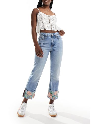 River Island Straight Jean With Embroidered Hem - Blue