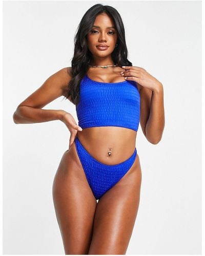 South Beach Mix & Match Crinkle Long Line Crop Bikini Top - Blue