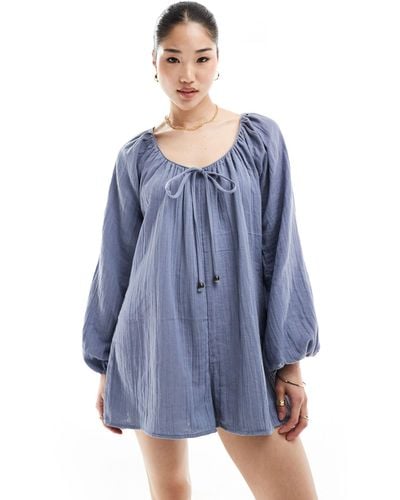 ASOS Long Sleeve Romper Playsuit With Bead Detailing - Blue