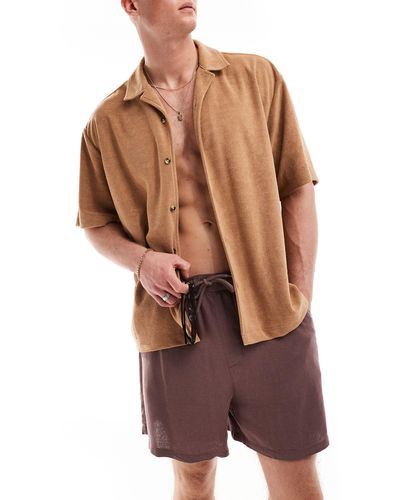 ASOS Short Sleeve Boxy Oversized Revere Towelling Shirt - Brown