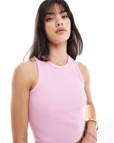 Pieces Ribbed Racer Neck Top - Pink