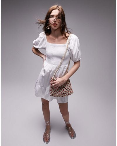 TOPSHOP Shirred Textured Mini Dress - White