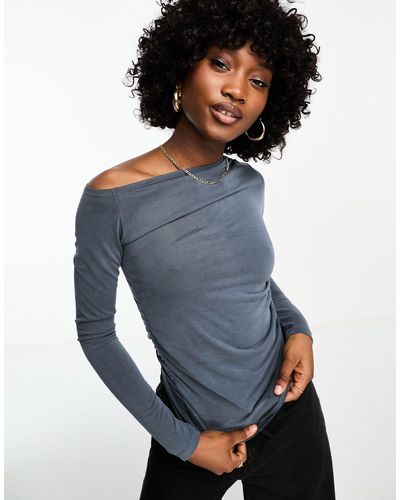 Weekday Main Asymmetric Rouched Long Sleeve Top - Blue