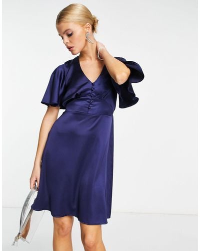 Flounce London Satin Flutter Sleeve Mini Dress - Blue