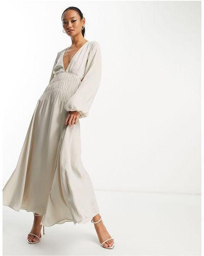 ASOS Satin Shirred Waist Midi Dress With Blouson Sleeves - White
