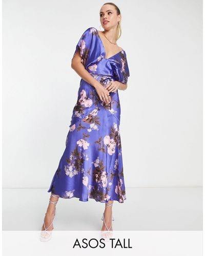 ASOS Asos Design Tall Satin Batwing Midi Dress With Large Floral Print - Blue
